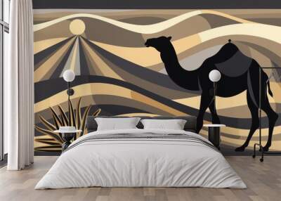 Serene desert sunset with silhouette of camel in artistic geometric style Wall mural