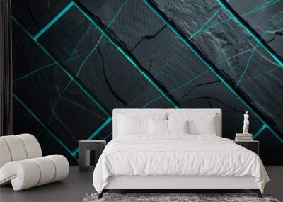 Sleek dark slate tile design framed by vibrant teal lines. Modern stone tile layout with geometric teal accents. Wall mural