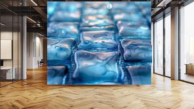 Sparkling water droplets on cool blue glass surface Wall mural