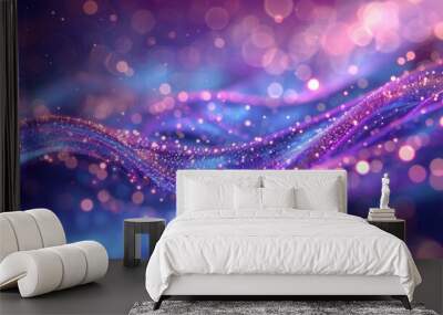 Sparkling wave pattern with pink and blue bokeh light particles for glamorous backgrounds. Abstract light particle waves in festive pink and blue colors Wall mural