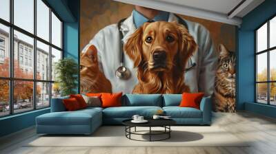 Veterinarian with golden retriever and two cats in clinic Wall mural