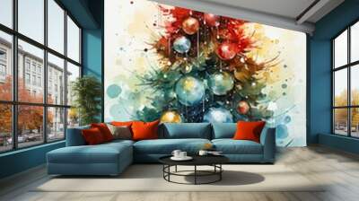 Vibrant watercolor Christmas tree with red baubles. Abstract festive tree with colorful splashes. Artistic Christmas decor with a modern twist Wall mural