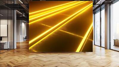 Vibrant yellow light streaks captured at high speed. Diagonal arrangement of intense light lines. Abstract representation of speed and motion with bright yellow streaks. Wall mural