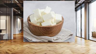 Homemade Indian paneer cheese made from fresh milk and lemon juice, diced in a wooden bowl on a gray stone background. Horizontal orientation. Close up. Wall mural