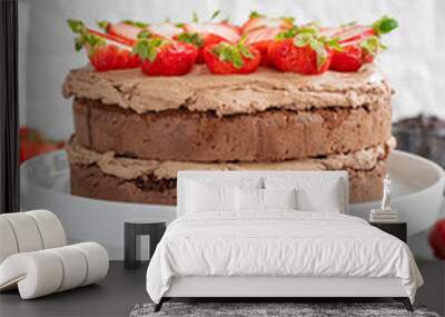 Naked chocolate cake with cream and fresh strawberries on top. Rustic style. Selective focus. Copy space. Wall mural