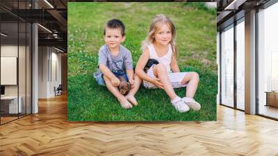 Brother and sister sitting on the grass with two puppies dachshund Wall mural