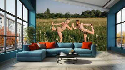 Two girls training in a summer meadow. Sports ladies in a in sports suits Wall mural