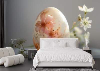 Decorative Easter egg in flowers, beautiful spring background. Spring background with sunlight and easter symbol with flowering plants Wall mural