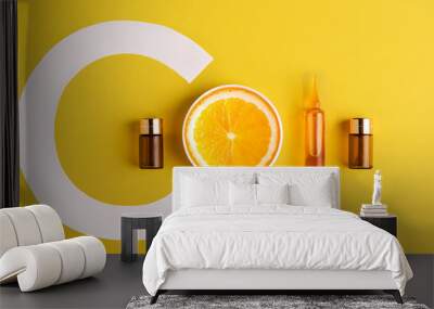 Serum and cosmetics with vitamin C. Immunity protection concept, antiviral prevention Essential oil from citrus fruits. banner Wall mural