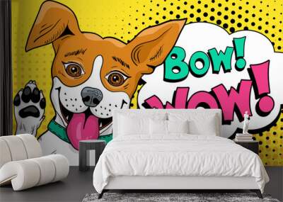 Bow wow pop art dog. Funny happy surprised dog  with open mouth rising his paws up. Vector illustration in retro comic style. Vector pop art background. Wall mural