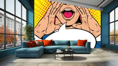 Closeup of young surprised pop art man with open mouth and rising hands screaming announcement. Vector background in comic retro pop art style. Party invitation. Wall mural