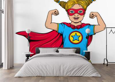 Cute happy little girl dressed in superhero costume with open mouth shows her power and strength. Vector cartoon hand drawn illustration in pop art comic style isolated on white background. Super kid. Wall mural