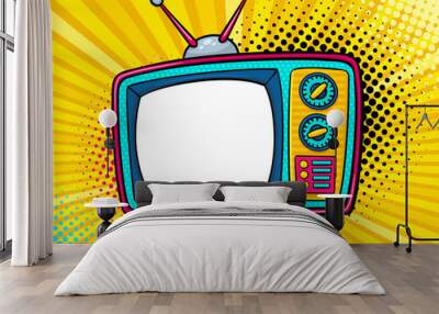 Hand drawn comic retro TV set with place for text on screen on halftone and dots. Vector colorful background in pop art retro comic style. Wall mural