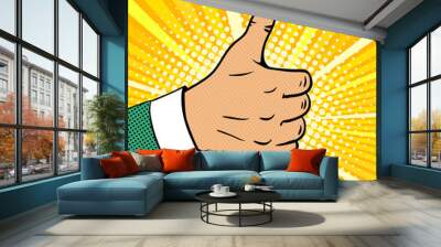 Pop art background with male hand in suit showing thumb up on halftone. Vector colorful hand drawn illustration with halftone in retro comic style. Wall mural