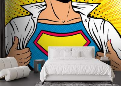 Pop art female superhero. Closeup of sexy woman dressed in white jacket shows superhero t-shirt empty sign on the chest. Vector illustration in retro pop art comic style. Pop art background. Wall mural