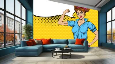 Pop art sexy strong girl rising fist and empty speech bubble. Symbol of female power, woman rights, protest, feminism. Vector colorful hand drawn background in retro comic style. Women party poster. Wall mural