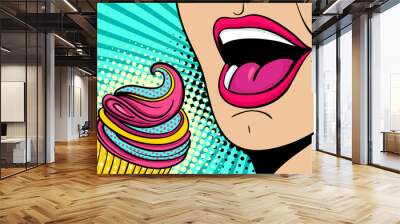 Sexy open female mouth eating colorful cupcake. Vector bright background in comic retro pop art style. Wall mural