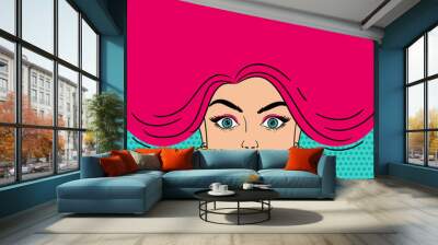 Surprised woman face with open mouth and pink hair. Vector background in pop art comic retro style. Wall mural