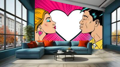 Wow couple. Happy young man and sexy woman in profile stretch to each other for a kiss and speech bubble in form of heart. Vector background in retro pop art comic style. Valentines day party poster. Wall mural