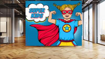 Wow face. Cute surprised blonde little girl dressed like superhero with open mouth shows her power and Super Kids speech bubble. Vector illustration in retro pop art comic style. Invitation poster. Wall mural