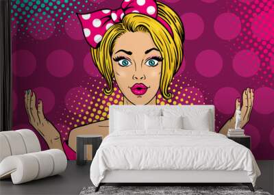 Wow female face. Sexy surprised woman with open mouth, blonde hair and big bow on head rising her hands on halftone background. Vector colorful background in pop art retro comic style. Wall mural