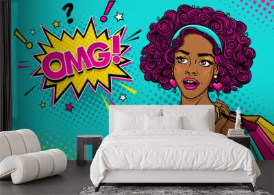 Wow female face. Sexy surprised young afro woman with open mouth and curly hair holding shopping bags and looking at the OMG! speech bubble. Vector colorful background in pop art retro comic style.  Wall mural