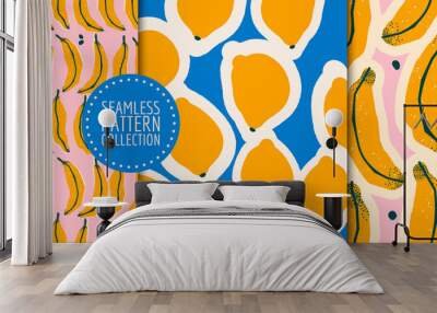 Set with cute seamless patterns with bananas and lemons. Vector backgrounds, prints, design Wall mural