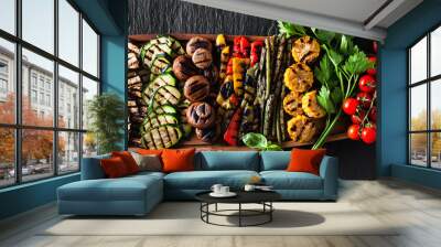 banner . a large wooden tray with a summer snack, colorful barbecue vegetables, cherry tomatoes and  Wall mural