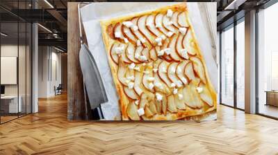 Summer light cake of puff pastry with pears and goat cheese Wall mural