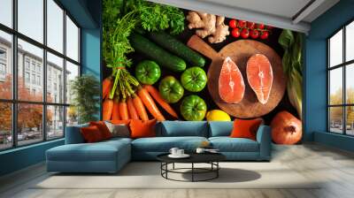 vegetables and fish healthy food background Wall mural