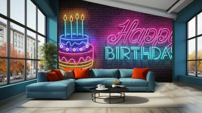 Glow Greeting Card with Cake, Candles and Happy Birthday Inscription Wall mural