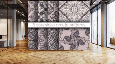 Vector Set of 8 Seamless Ornate Patterns. Hand Drawn Vintage Tex Wall mural