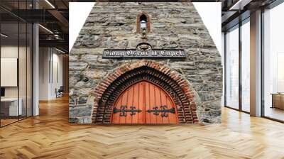 Grense Jakobselv. Cloudy morning in small village in Finnmark county on the shore of the Barents Sea on a foggy day. Arctic Northern Norway landscapes. King Oscar II Chapel. Norwegian stone church Wall mural