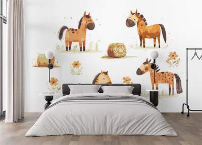 Set of watercolor horses, hay rolls and flowers, vector illustration Wall mural