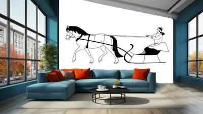 Woman riding a horse-drawn sleigh in winter clothing, minimalist black and white illustration Wall mural