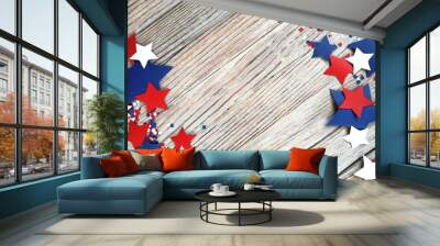 American independence Day, celebration, patriotism and holidays concept - flags and stars on the 4th of July party on top on wooden background Wall mural