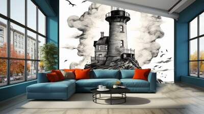 Detailed pen and ink illustration of a lighthouse on rocky coast with stormy sky, crashing waves, and seagulls flying overhead. Ideal for book cover, website, or poster design. Black and White Wall mural