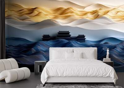 A black silhouette of a traditional Asian temple sits in the middle of a wavy blue and gold landscape. Wall mural