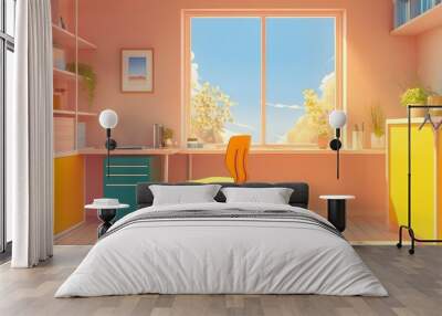 A bright and airy room with a desk, chair, and shelves, bathed in warm sunlight streaming through the window. Wall mural