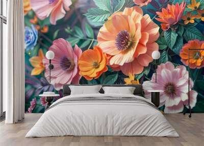 A colorful paper craft flower bouquet with leaves. 3d render, This image showcases a stunning array of handcrafted paper flowers in a variety of colors and styles. Wall mural