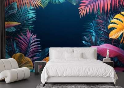 A colorful tropical forest with a large green leaf in the center Wall mural