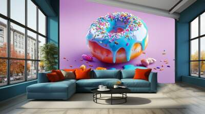 A donut with blue and pink icing and sprinkles. The sprinkles are in different colors and are scattered all over the donut on a purple background. Wall mural