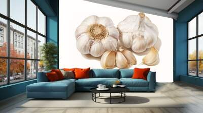 A group of garlic bulbs, one with cloves separated, isolated on a white background. Wall mural