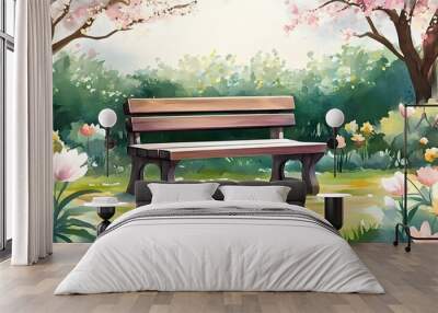 A wooden bench sits in the middle of a lush garden, surrounded by blooming flowers and a gentle breeze blowing through the trees. Wall mural