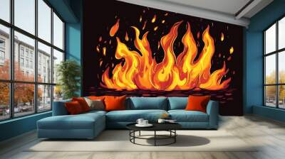 Fiery orange and yellow flames dance against a black background, creating a powerful and dynamic image. Wall mural