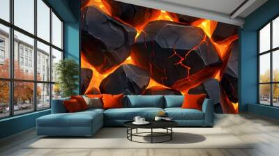 Glowing Hot Lava and Black Rocks in Fiery Flow Wall mural