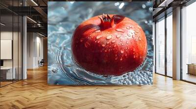 Ripe pomegranate with water droplets floating in clear water, showcasing freshness and health Wall mural