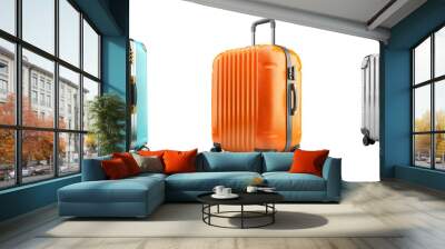 Three suitcases of different colors and sizes. The suitcases are placed next to each other, and they all have wheels, in a transparent PNG background Wall mural