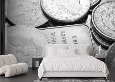 silver coins and bars macro shot Wall mural