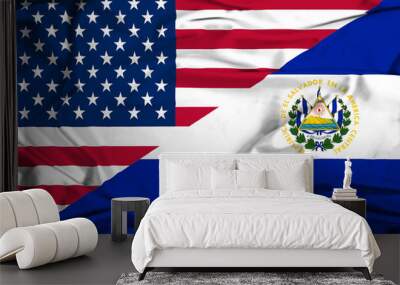 Waving flag of El Salvador and USA Wall mural